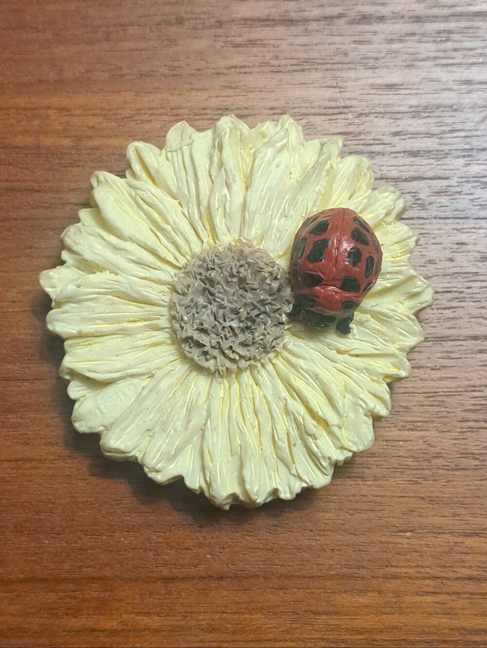 Vintage Yellow Sunflower w/ Red Ladybug Refrig Magnet 2.5" Cottagecore Kitchen